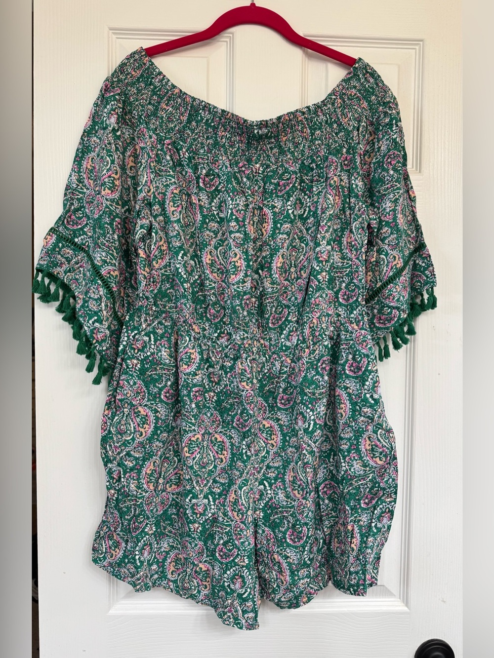 Xhilaration Green Paisley Off-Shoulder Tassel Romper X